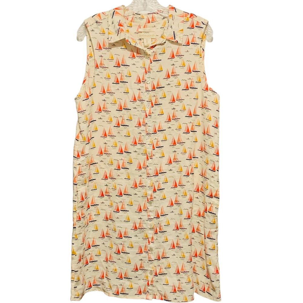 Cynthia Rowley 100% Linen Dress L Sailboat Print Sleeveless Button Down